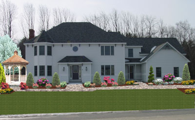 front of house with imaged shrubs